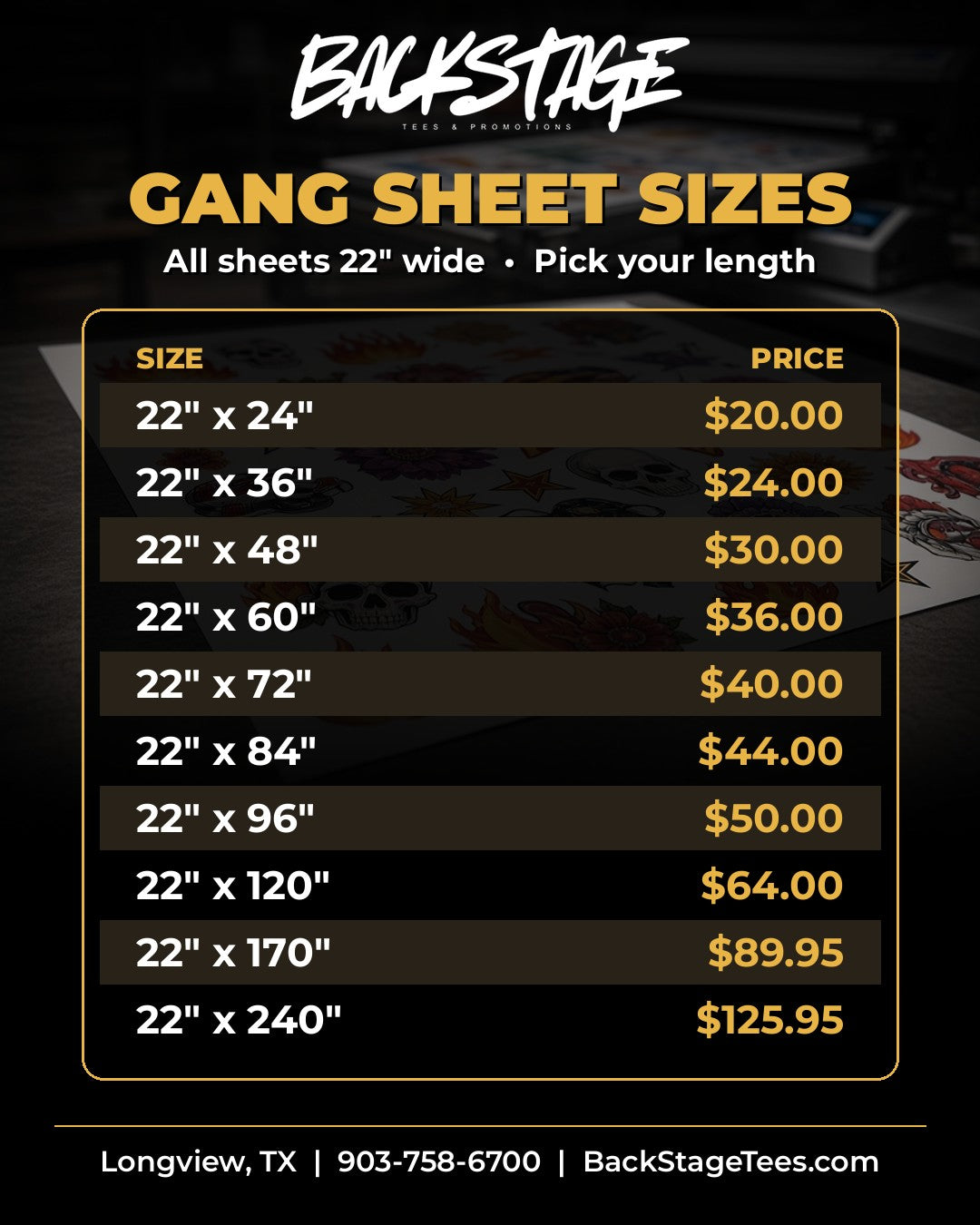 DTF gang sheet sizes and prices - Backstage Tees Longview TX