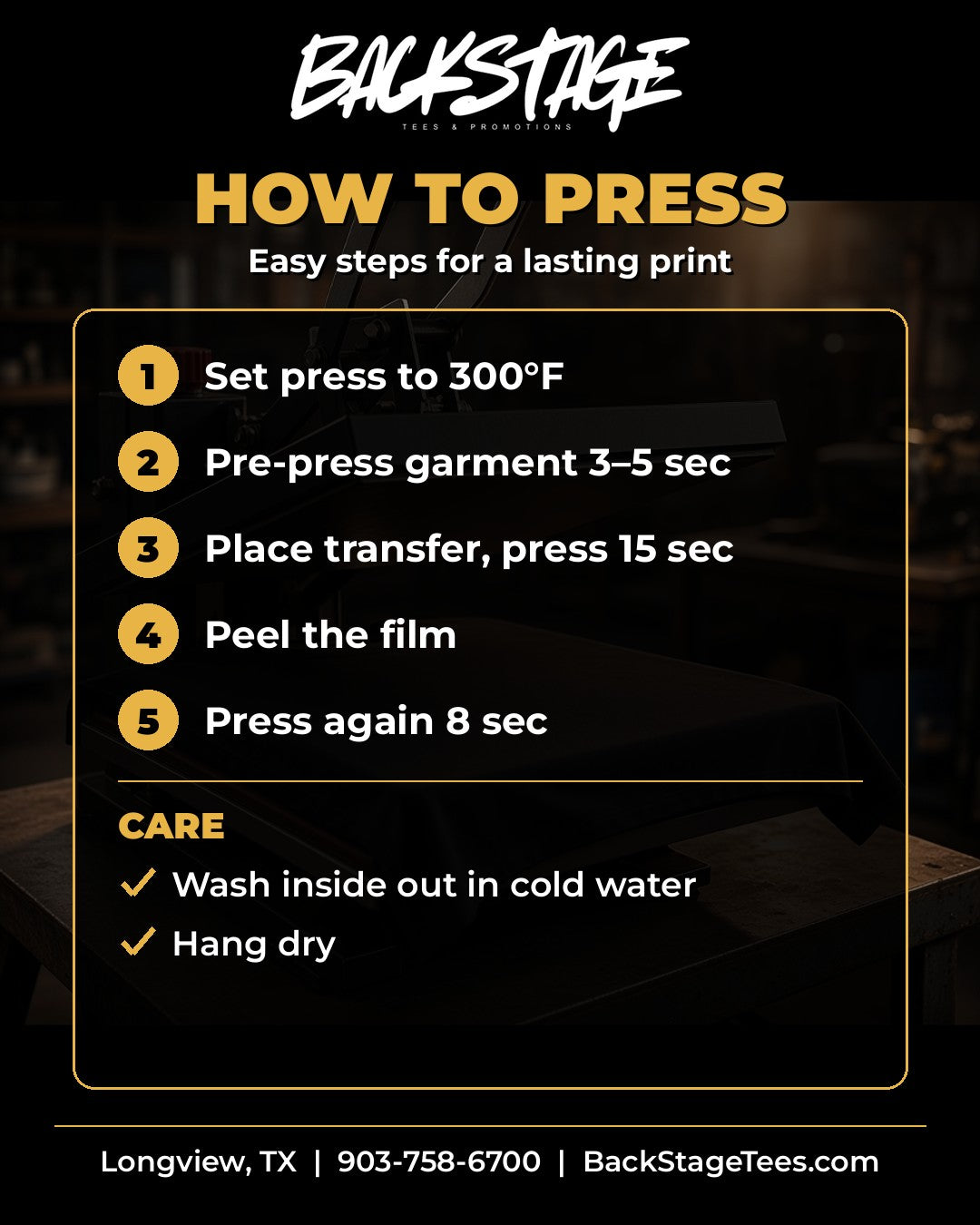 How to press DTF transfers: 300F, pre-press 3-5 sec, press 15 sec, peel, press again 8 sec - Backstage Tees