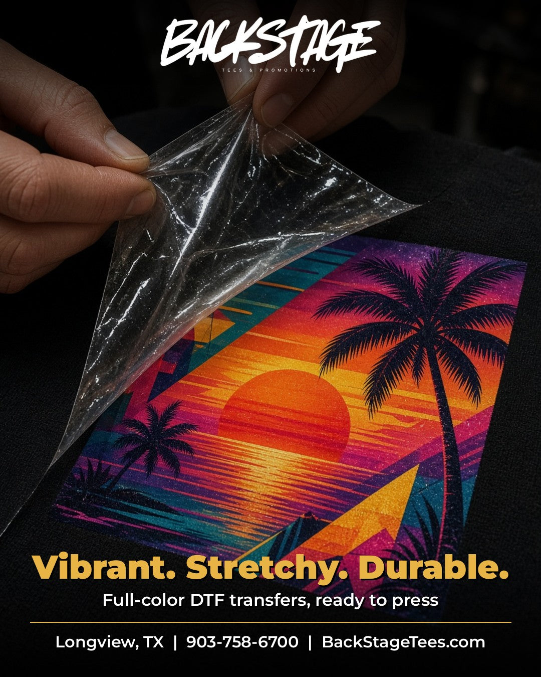 Vibrant stretchy durable DTF print being peeled on a black t-shirt - Backstage Tees Longview TX