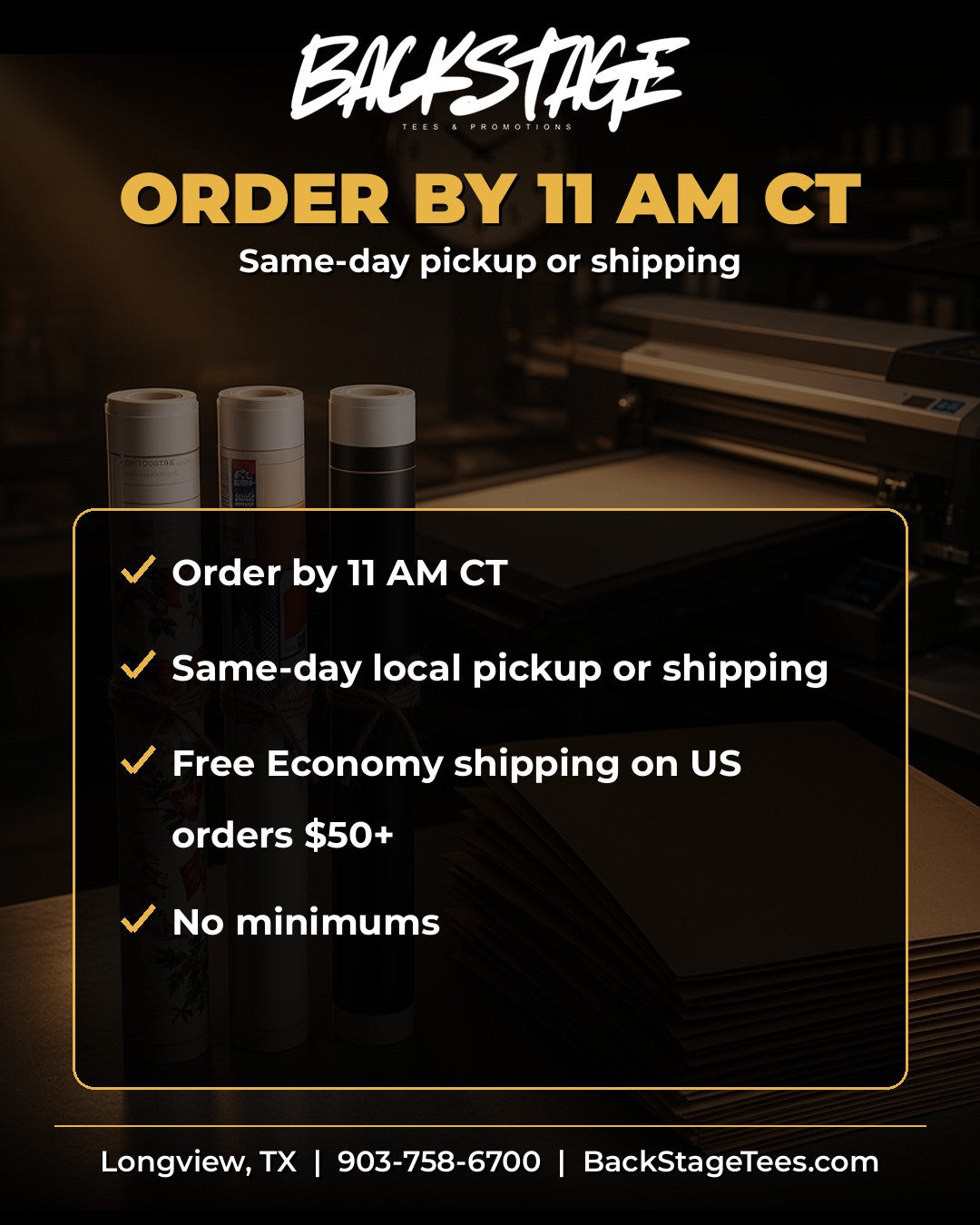Order DTF transfers by 11 AM CT for same-day pickup or shipping, free Economy shipping on US orders $50+ - Backstage Tees