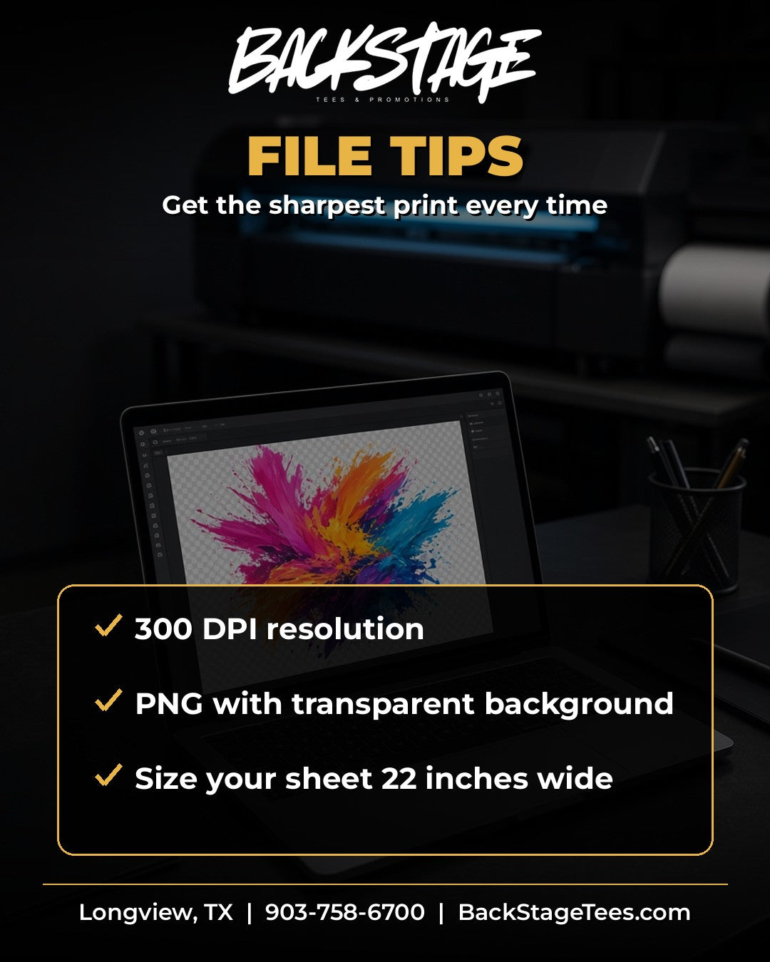 DTF gang sheet file tips: 300 DPI, transparent PNG, 22 inches wide - Backstage Tees