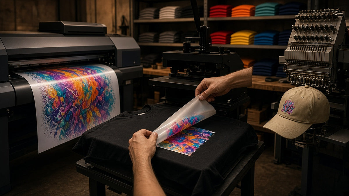 DTF transfer being peeled at a print shop with embroidery machine and heat press